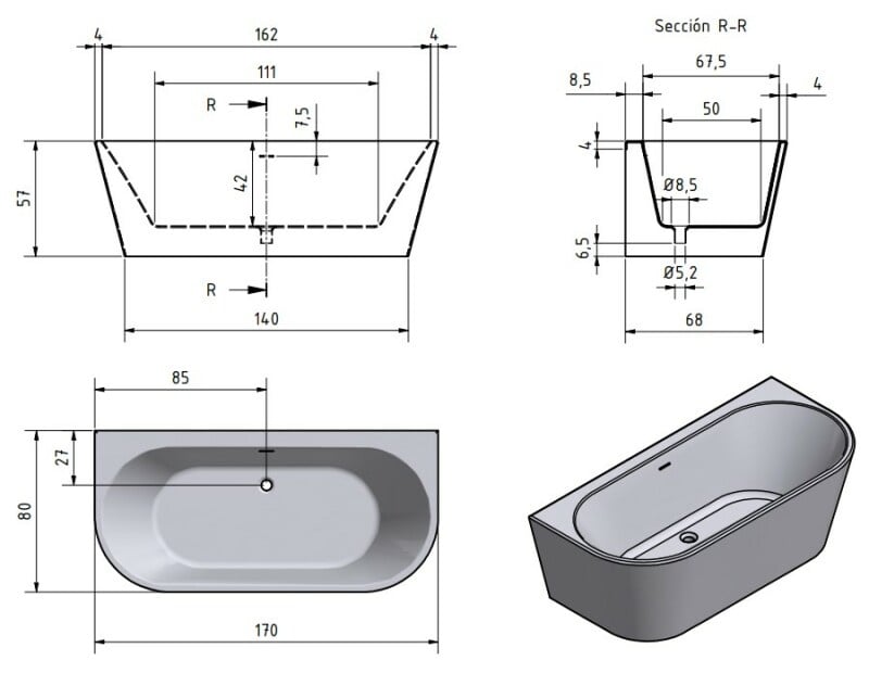 Half vrijstaand bad Juul wit mat
