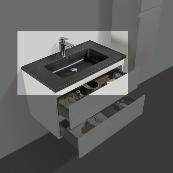 Kwartsteen wastafel Tieme zwart 80 cm met kraangat